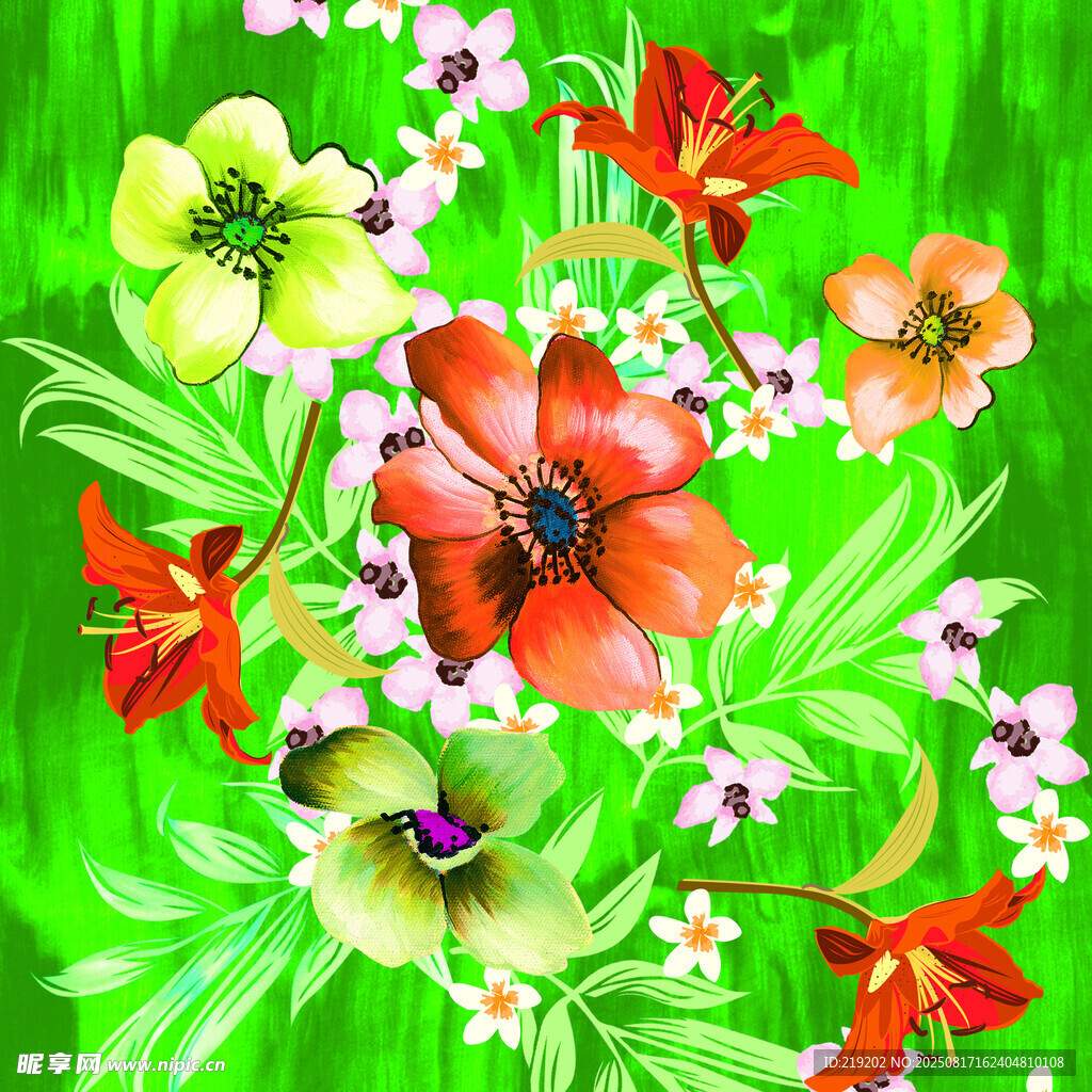 綠色背景上的多彩花卉圖案