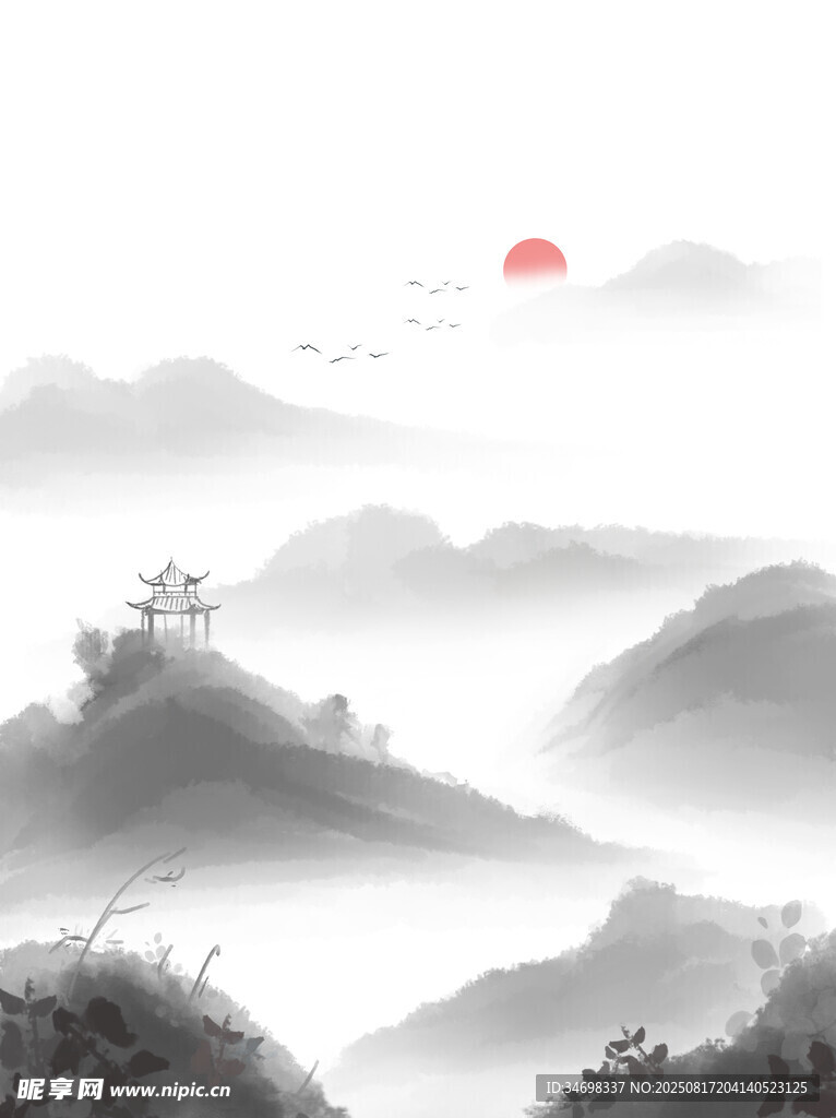 水墨中國風山水日出背景