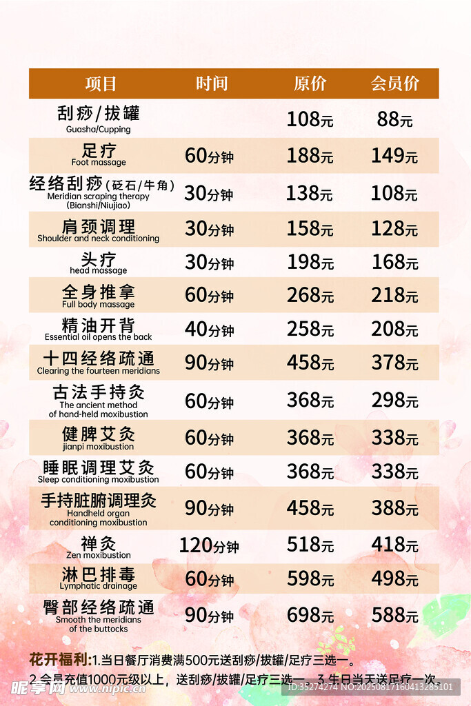 養(yǎng)生店價格表