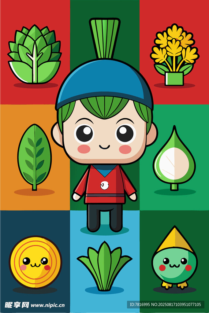 卡通角色與多彩植物圖標(biāo)