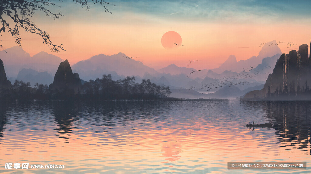 夕陽(yáng)下寧?kù)o的山水風(fēng)光