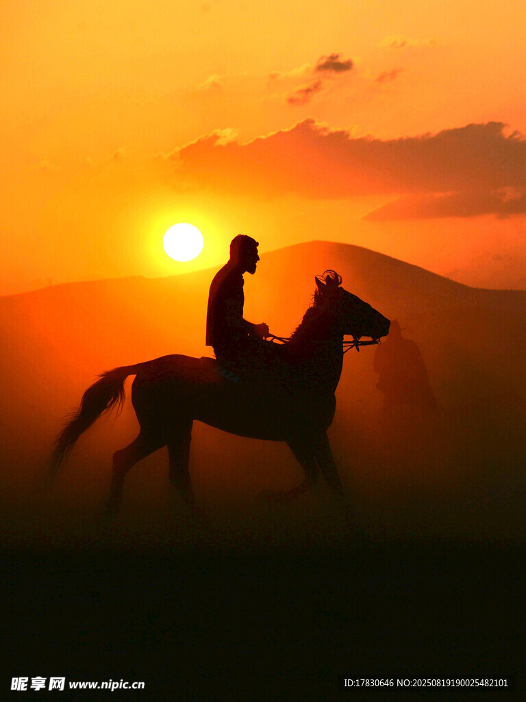 夕陽下的一人一馬剪影