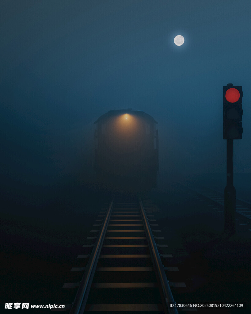 月夜下的鐵路與信號燈