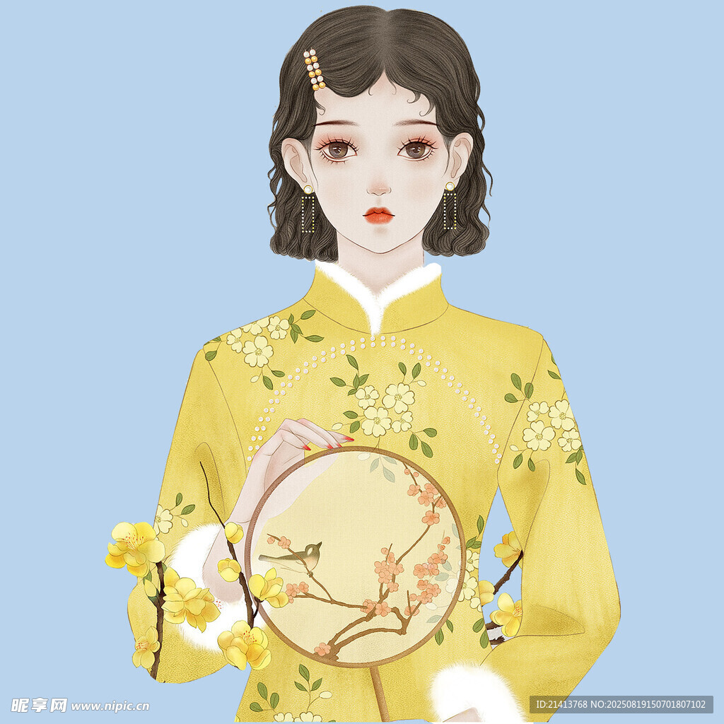 古典旗袍女子手持花鳥團(tuán)扇