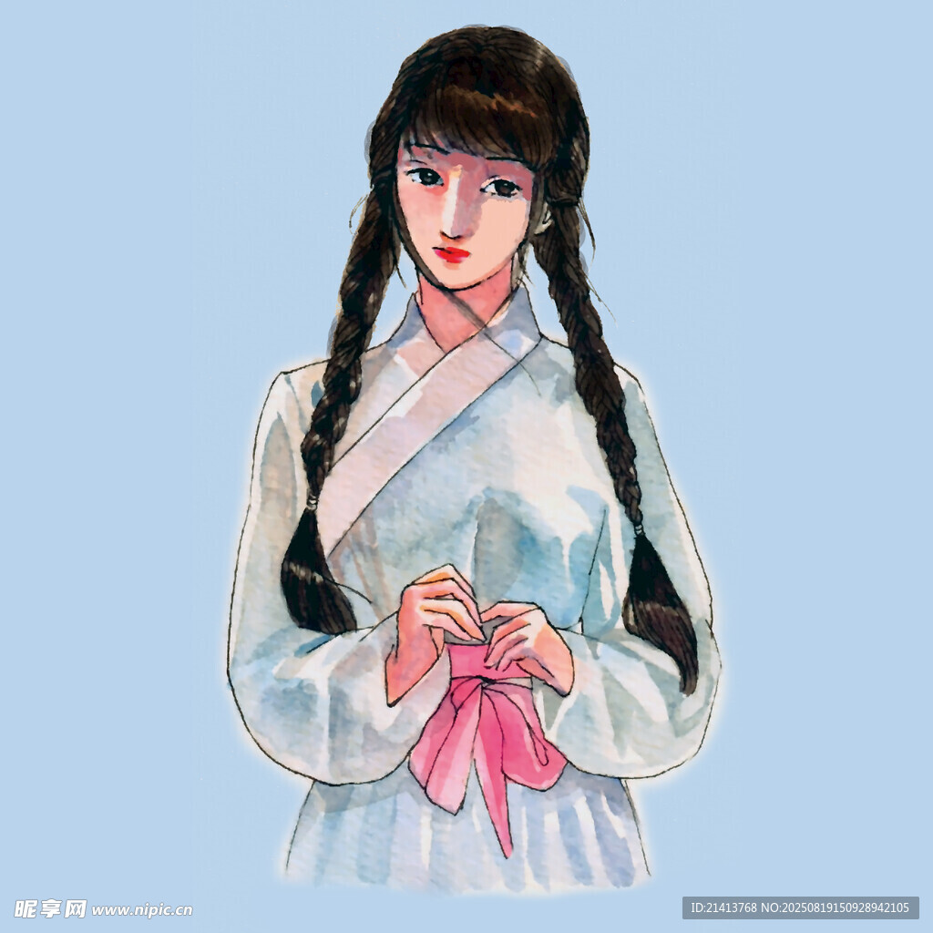 古風(fēng)雙辮女子手持粉物