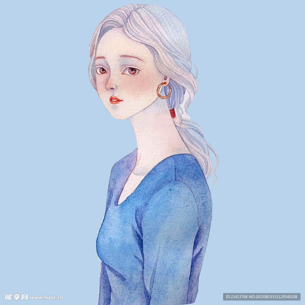 藍衣長發(fā)優(yōu)雅女孩肖像
