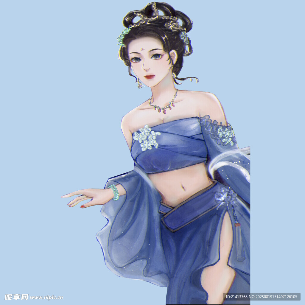 古風(fēng)露肩藍(lán)裙優(yōu)雅女子