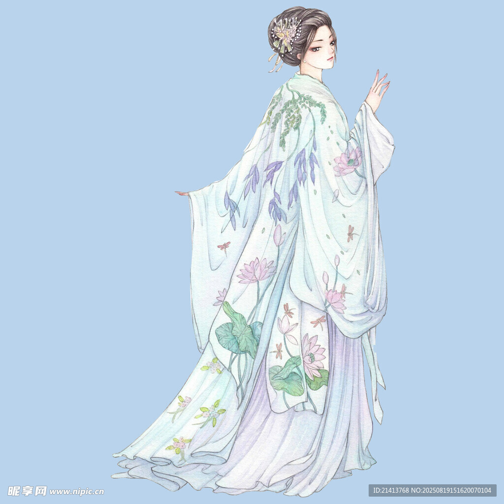 古風女子身著飄逸花紋長袍