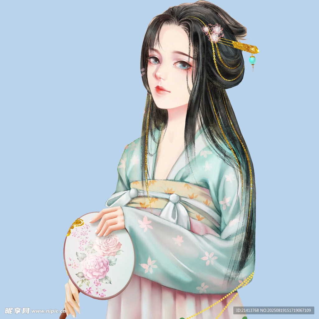 古風(fēng)漢服女子持扇優(yōu)雅圖