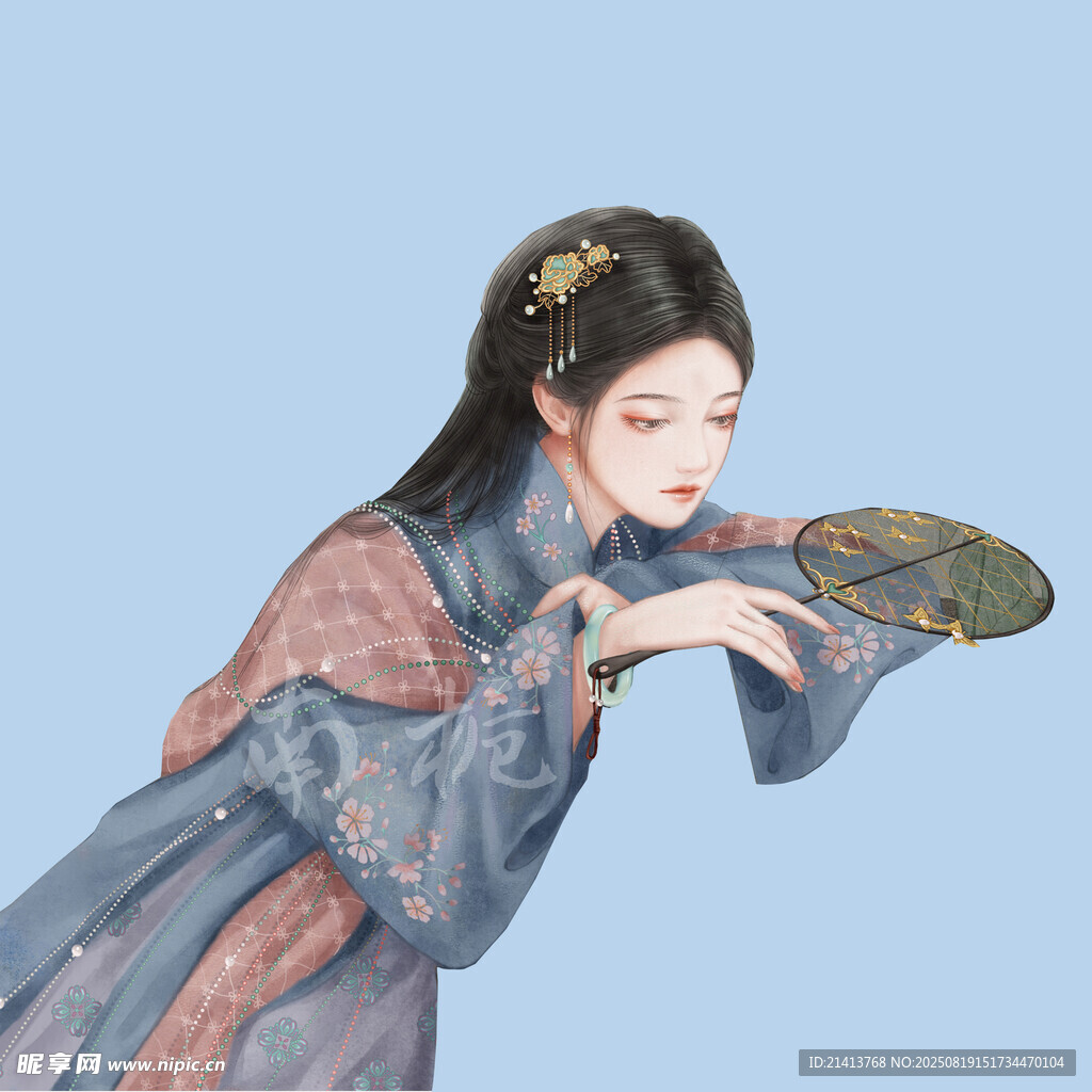 古風(fēng)女子持扇優(yōu)雅姿態(tài)