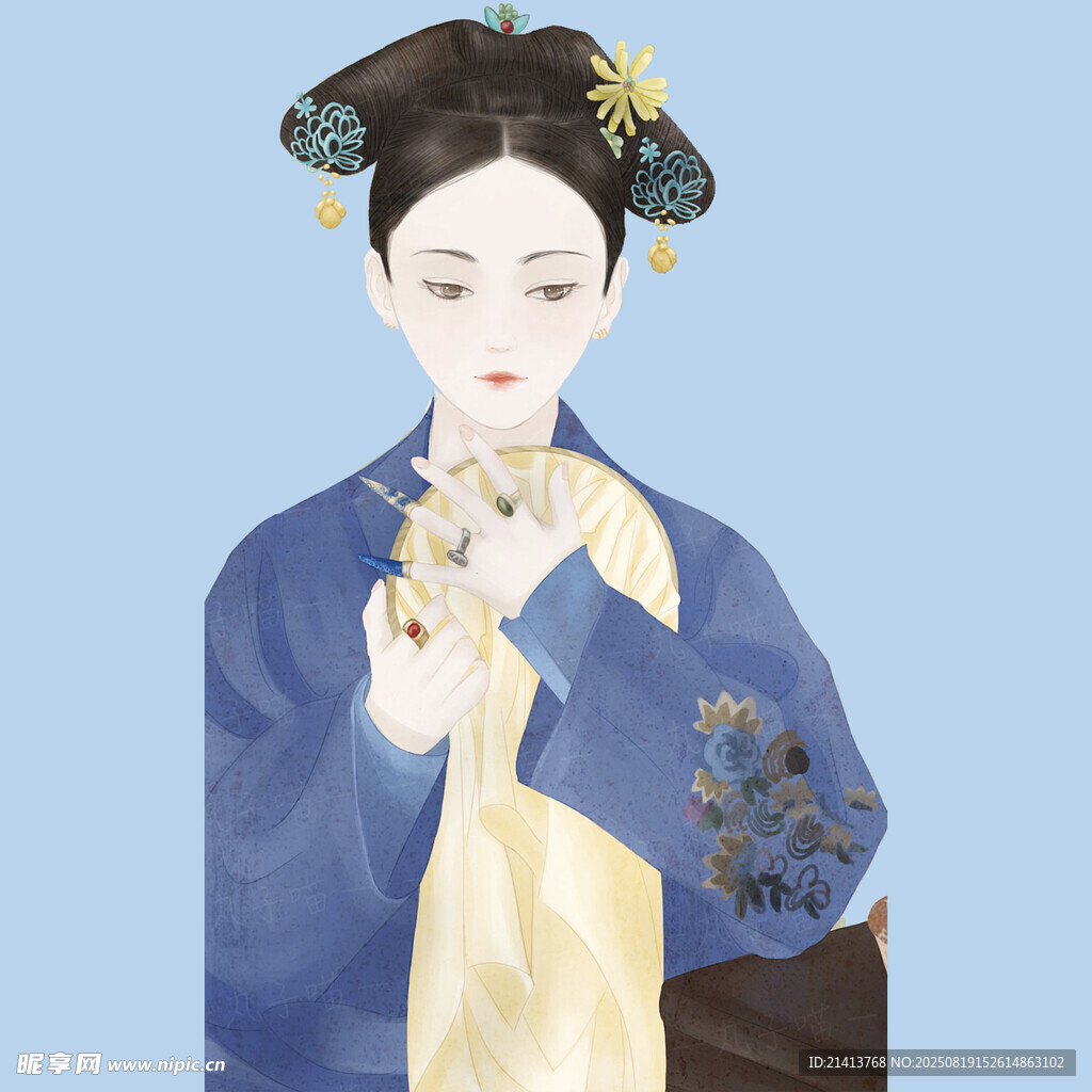 古典裝扮女子手持花枝