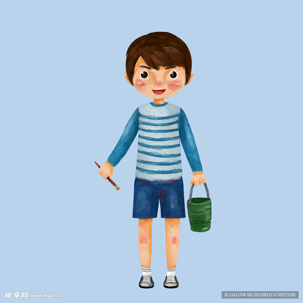 拿畫筆提桶的小男孩
