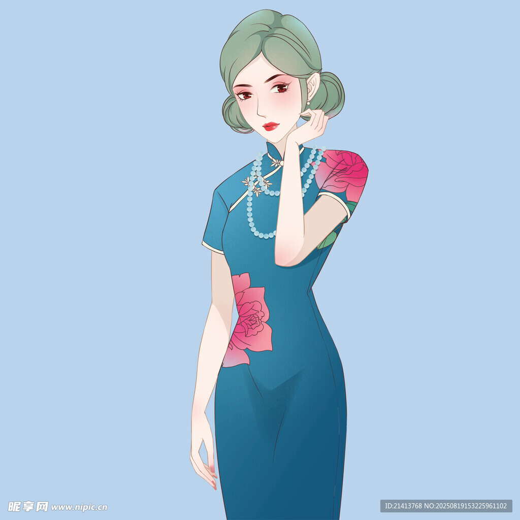 優(yōu)雅旗袍女士手持玫瑰