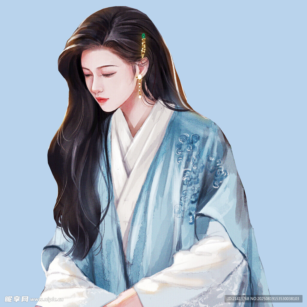 古風(fēng)女子著藍白長袍靜立