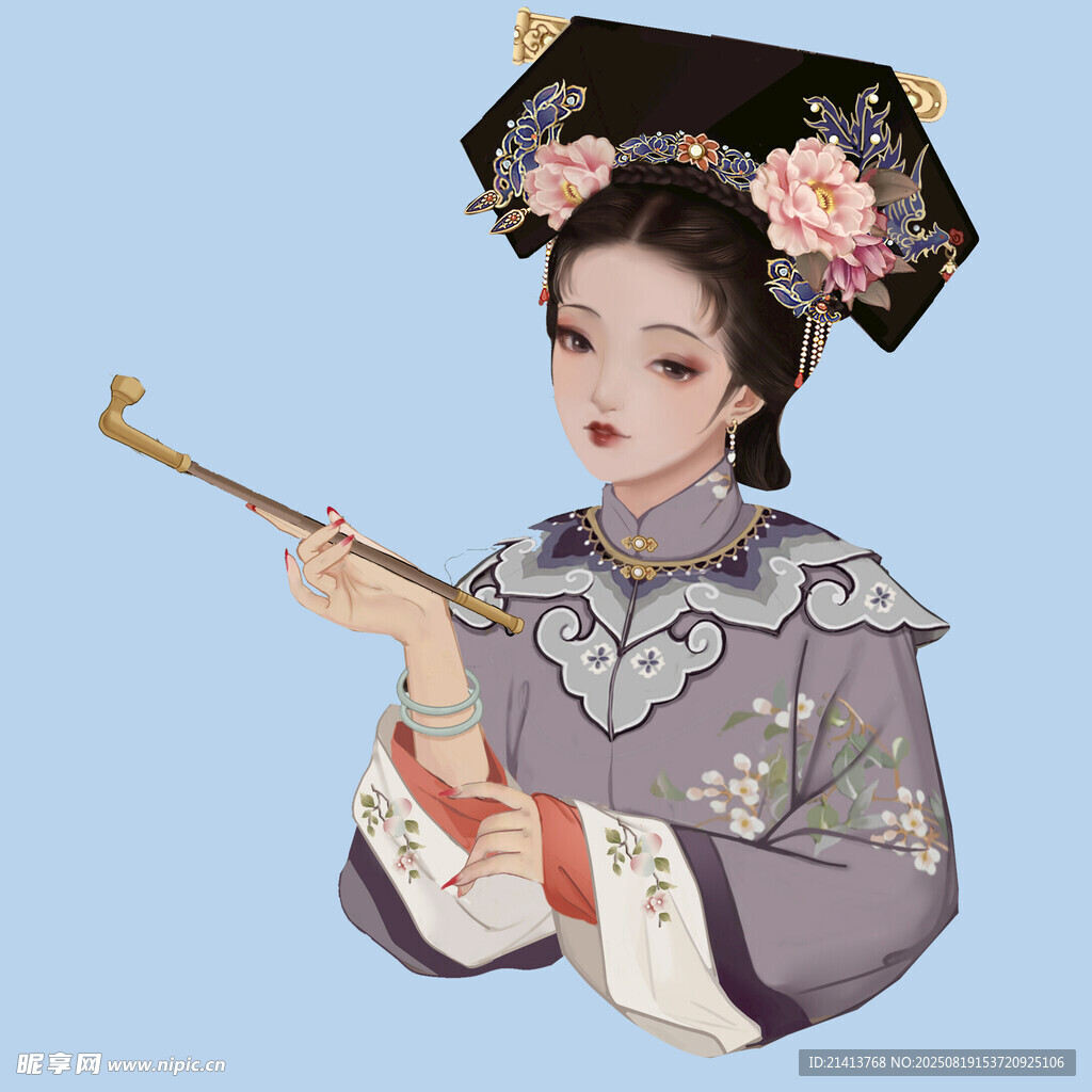清朝旗裝女子持煙桿