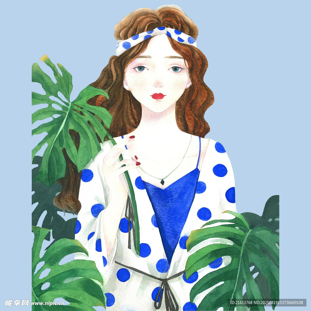 波點(diǎn)少女置身綠植間