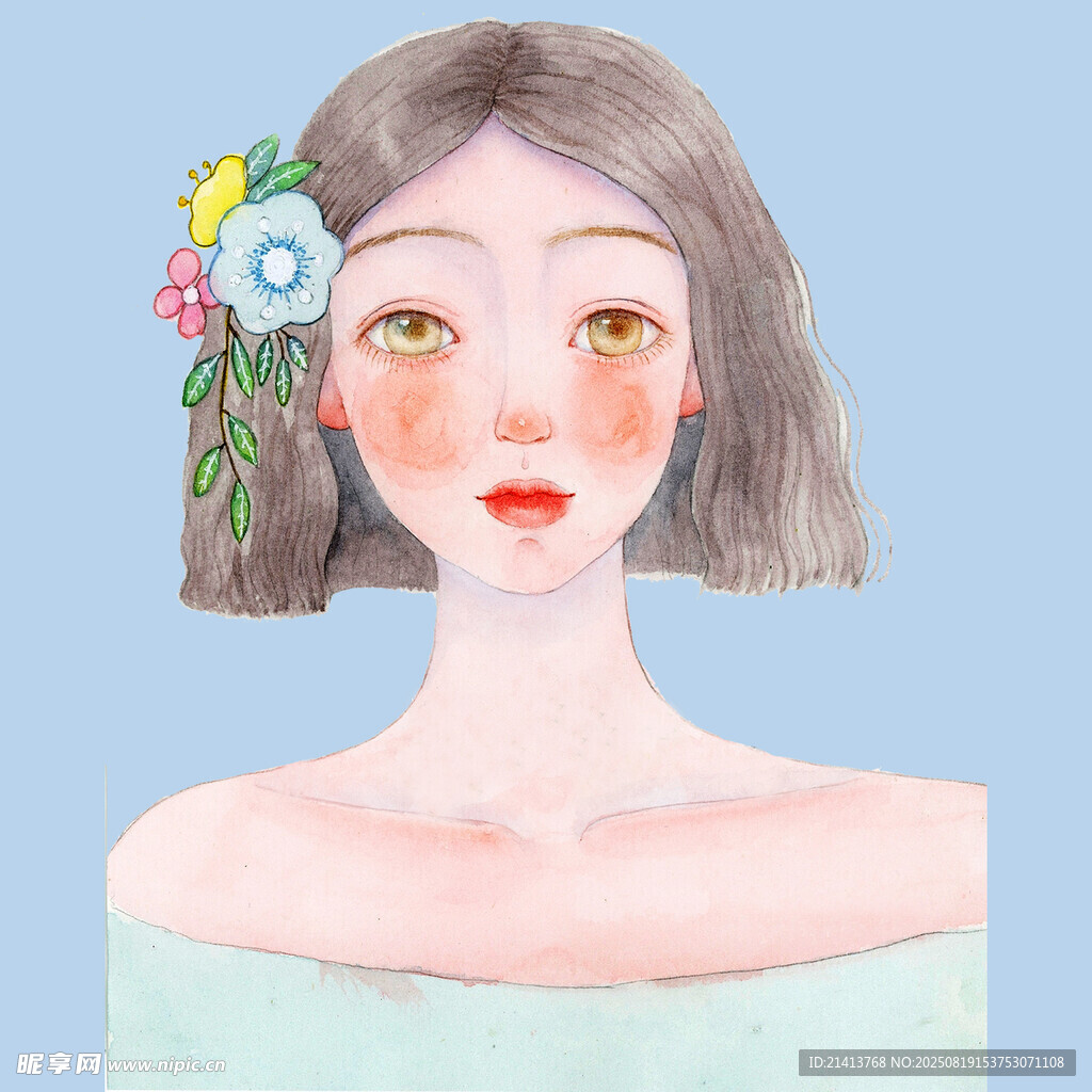 插畫風(fēng)格的短發(fā)花朵少女