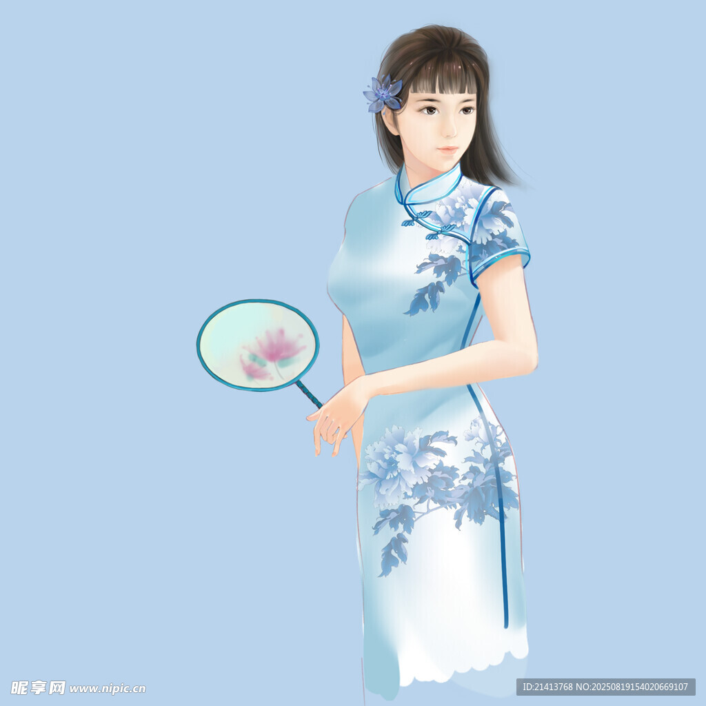 旗袍女子手持精致團(tuán)扇