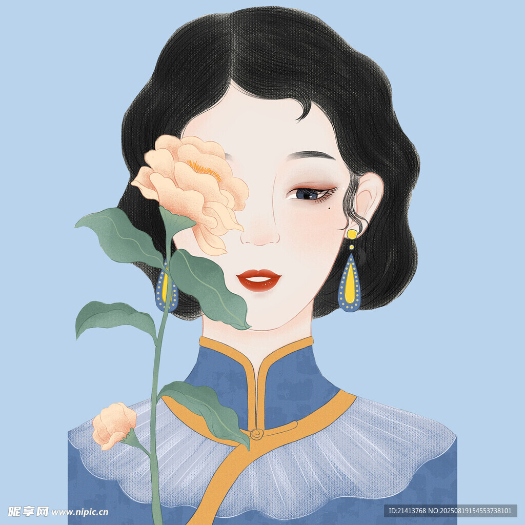 古典裝扮女子手持玫瑰