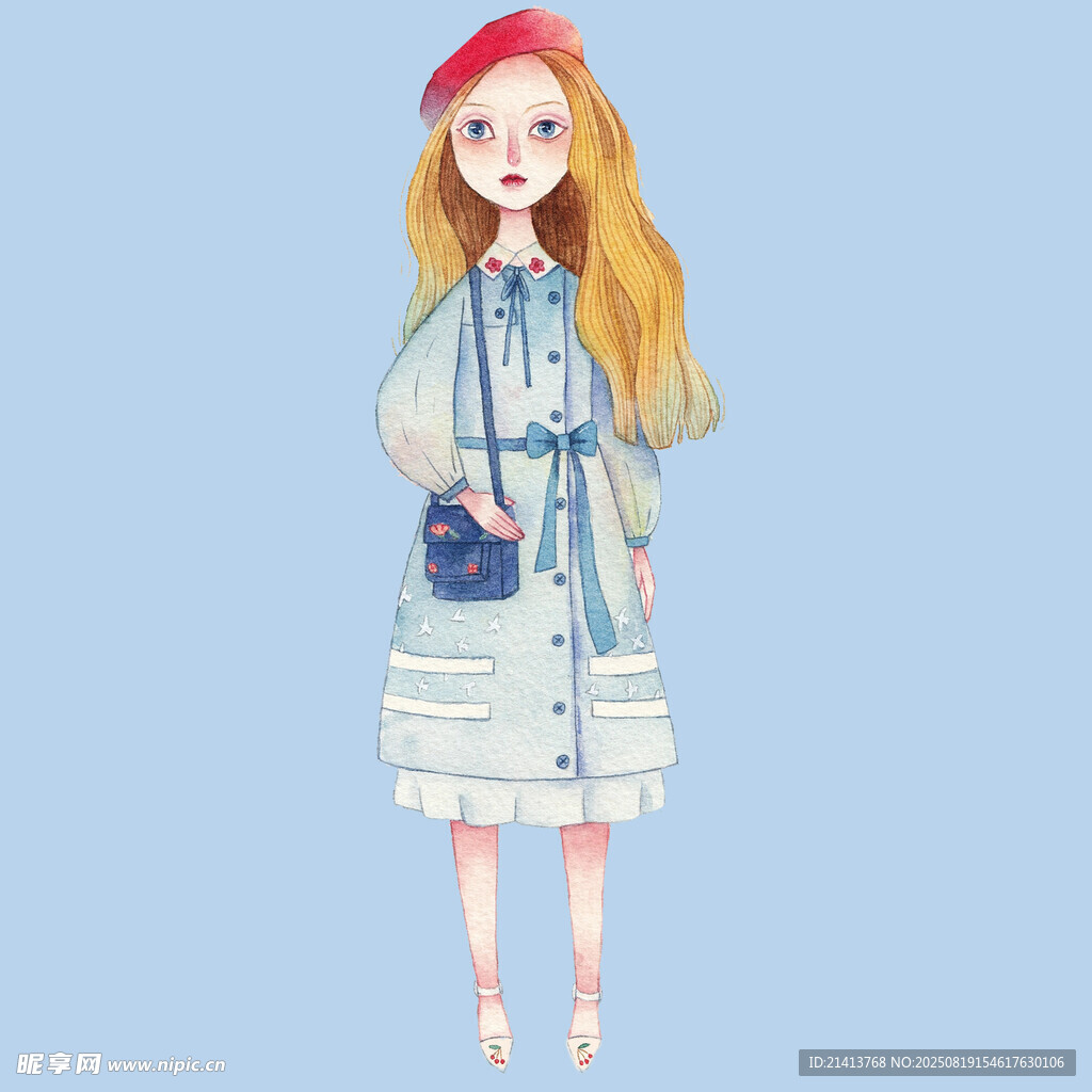 時(shí)尚長發(fā)女孩穿搭插畫