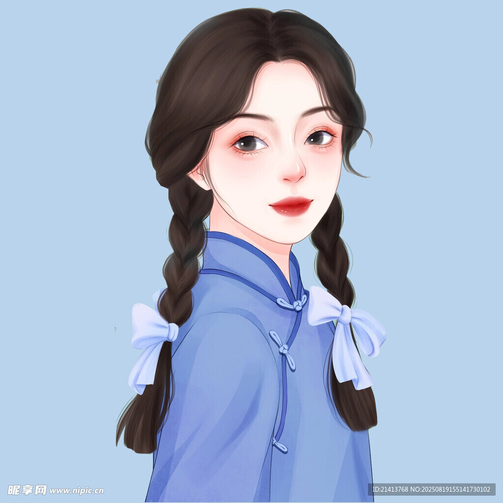 民國風(fēng)雙麻花辮藍(lán)衣少女