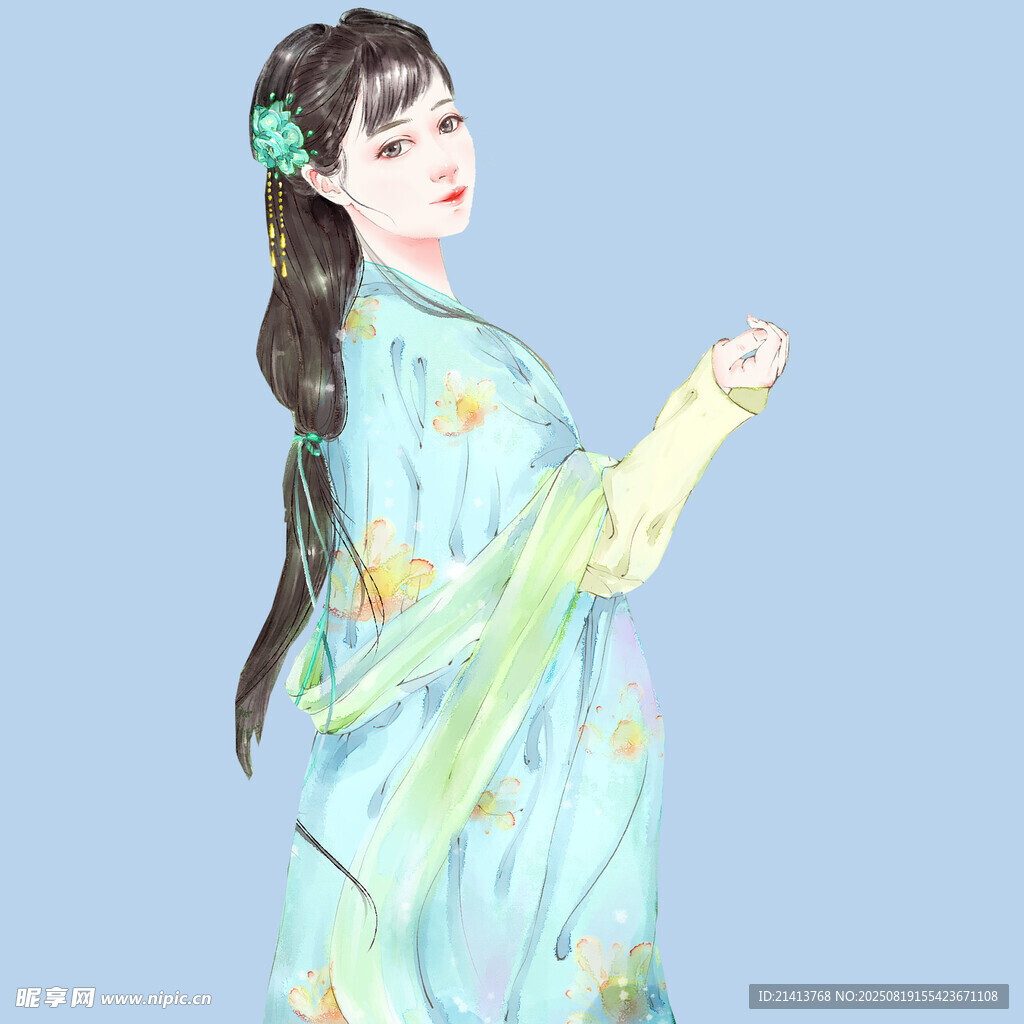 古風(fēng)女子身著飄逸藍(lán)綠漢服