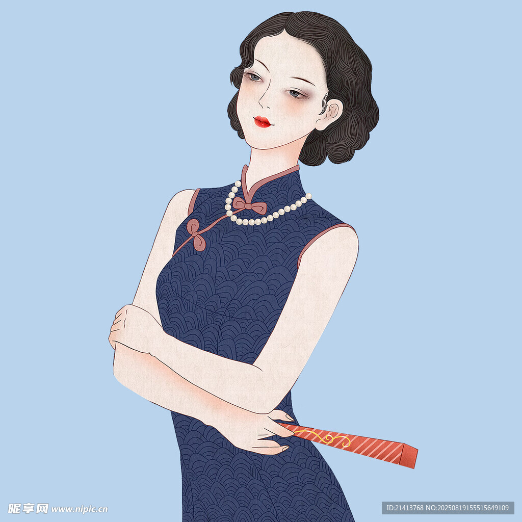 優(yōu)雅旗袍女子持扇而立