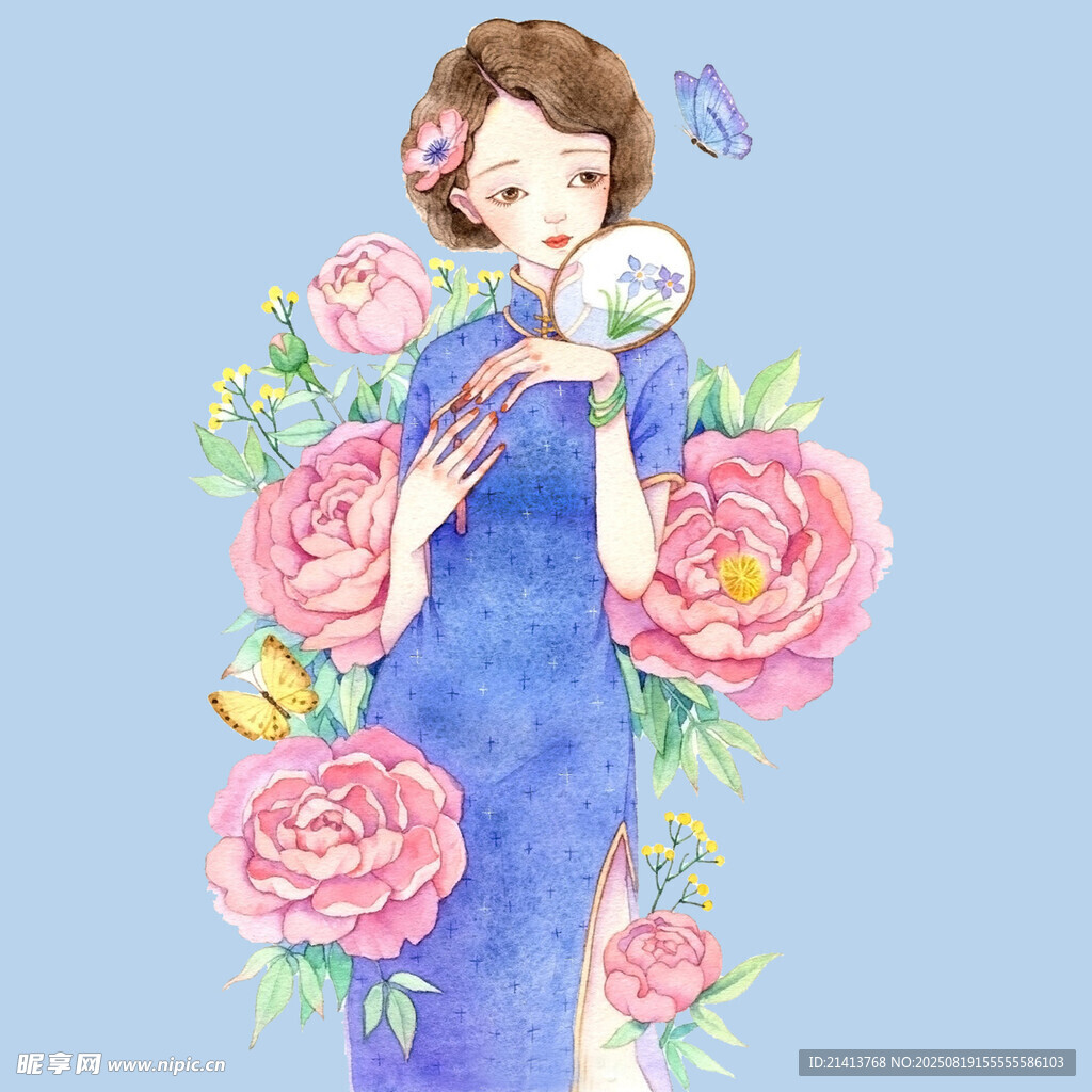 旗袍女子手持鏡賞繁花