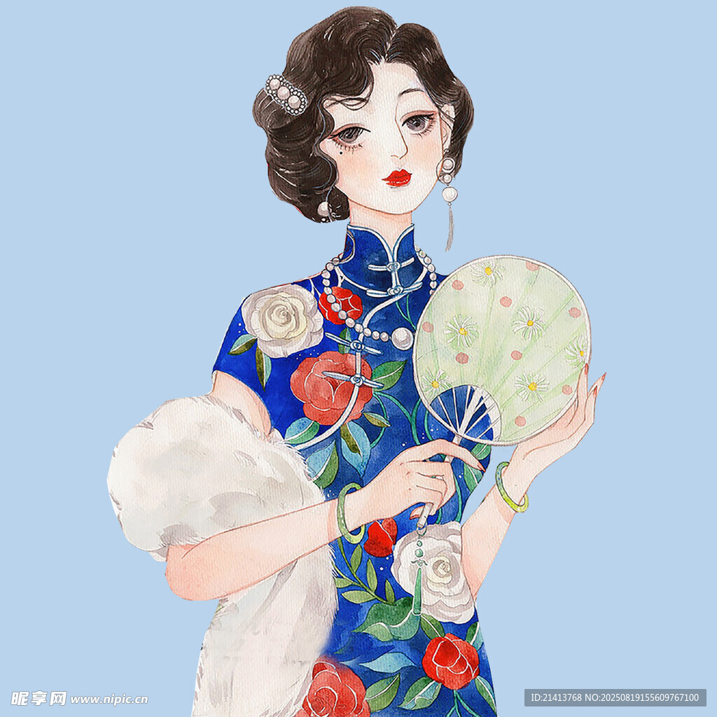 復(fù)古旗袍女子手持團(tuán)扇