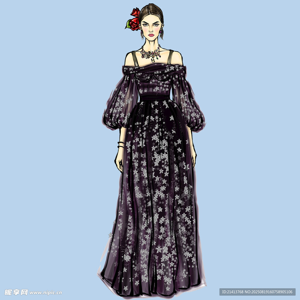 露肩碎花長款女士晚禮服