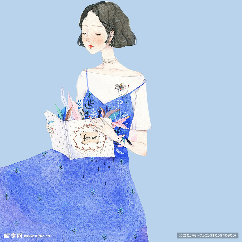 持文具的優(yōu)雅藍裙少女