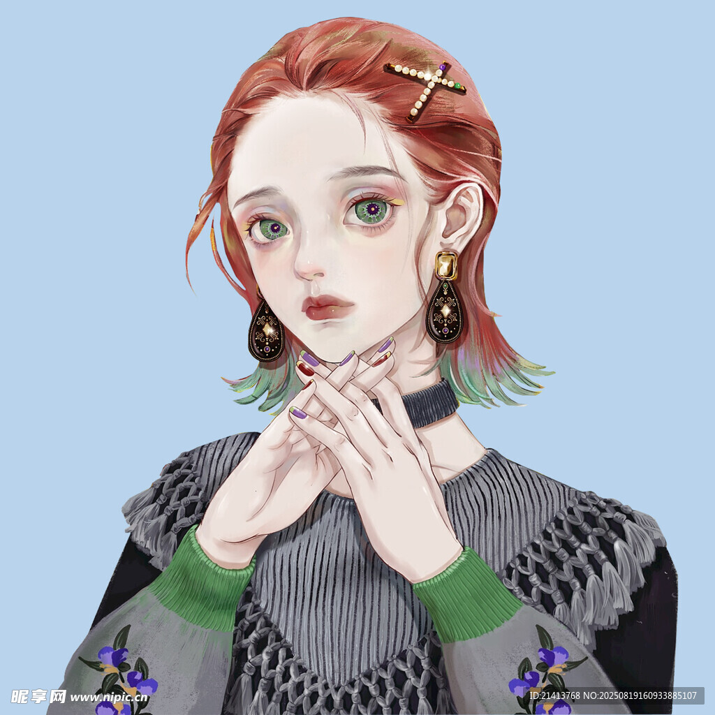 紅發(fā)女孩優(yōu)雅姿態(tài)插畫