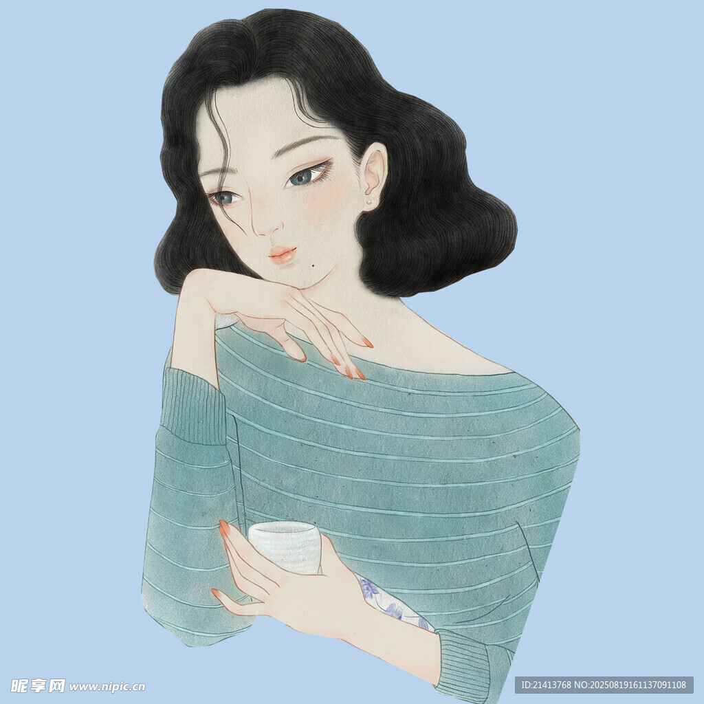 優(yōu)雅持杯的長發(fā)女子
