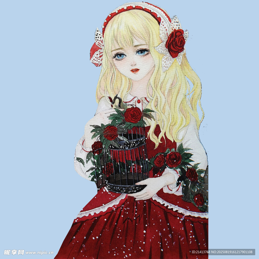 紅發(fā)洋裝少女捧花圖