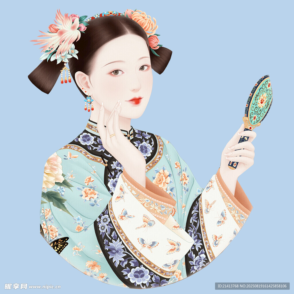 古典佳人持鏡顧盼