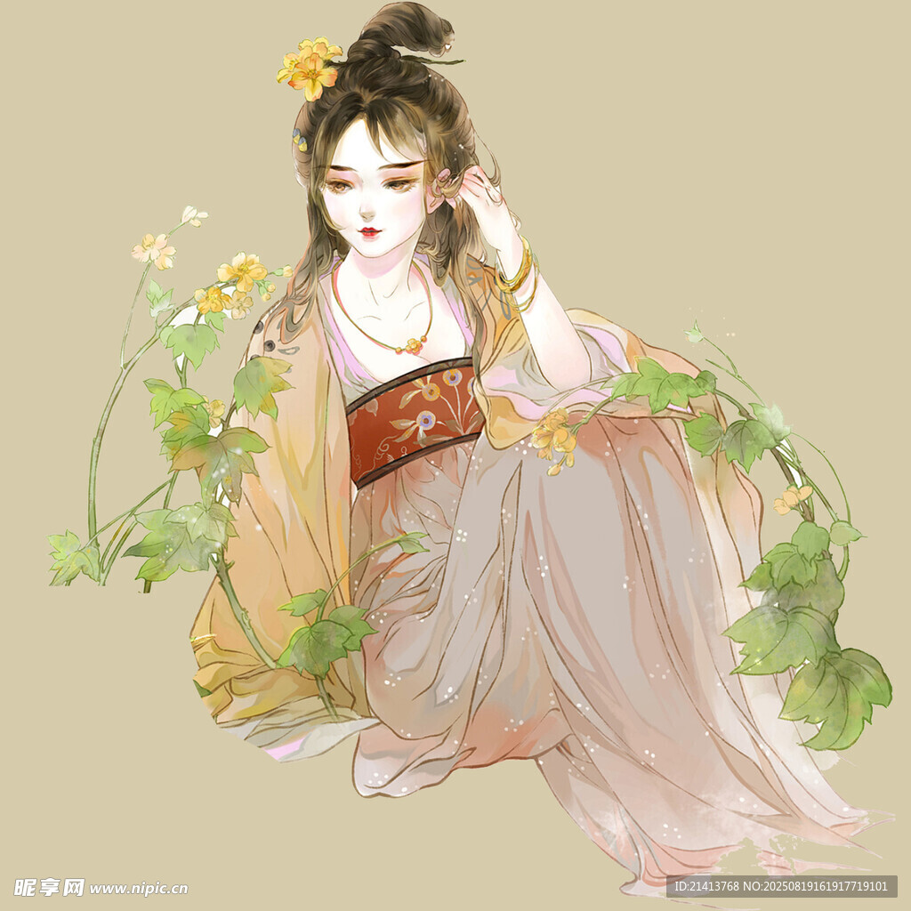 古風(fēng)美人坐于花叢間