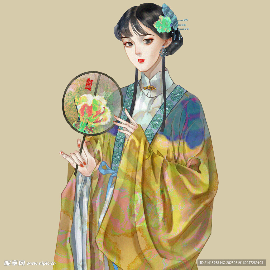 古風(fēng)佳人持扇優(yōu)雅而立