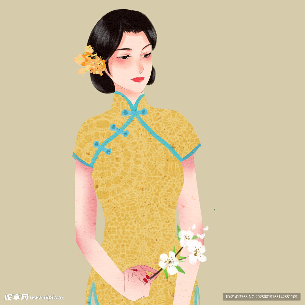 復(fù)古旗袍女子手持白花