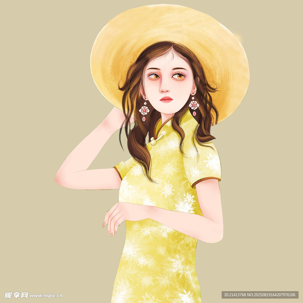 戴草帽穿旗袍的優(yōu)雅女子