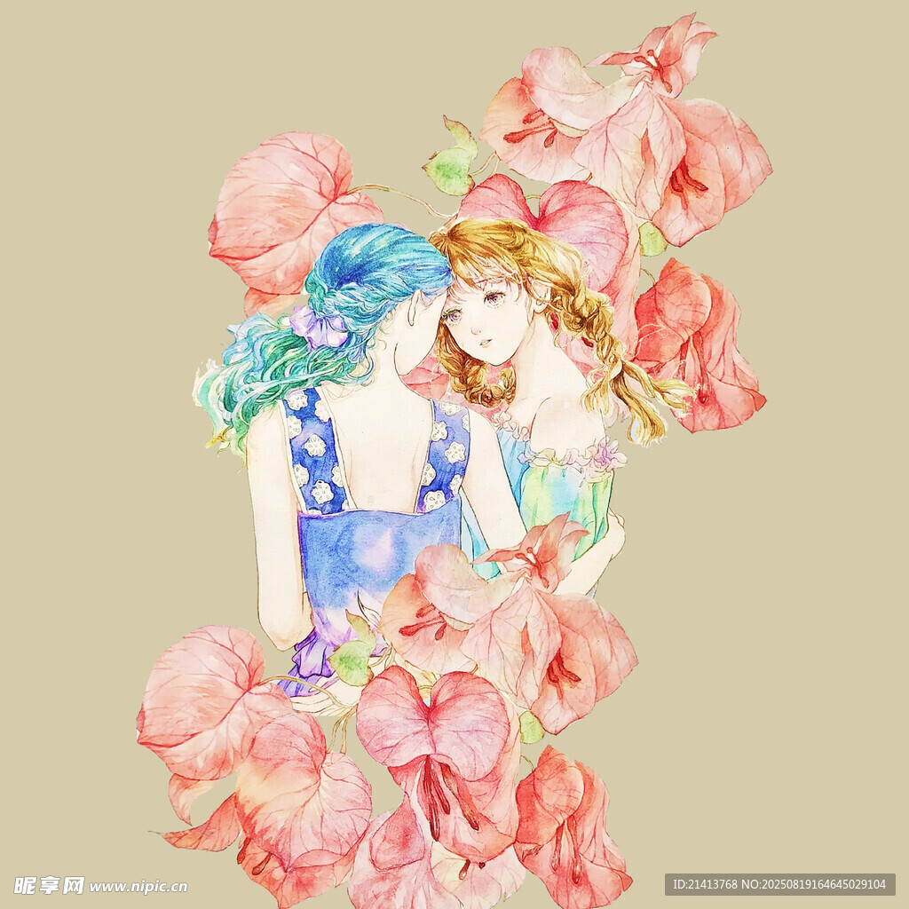 夢幻水彩風雙姝與繁花