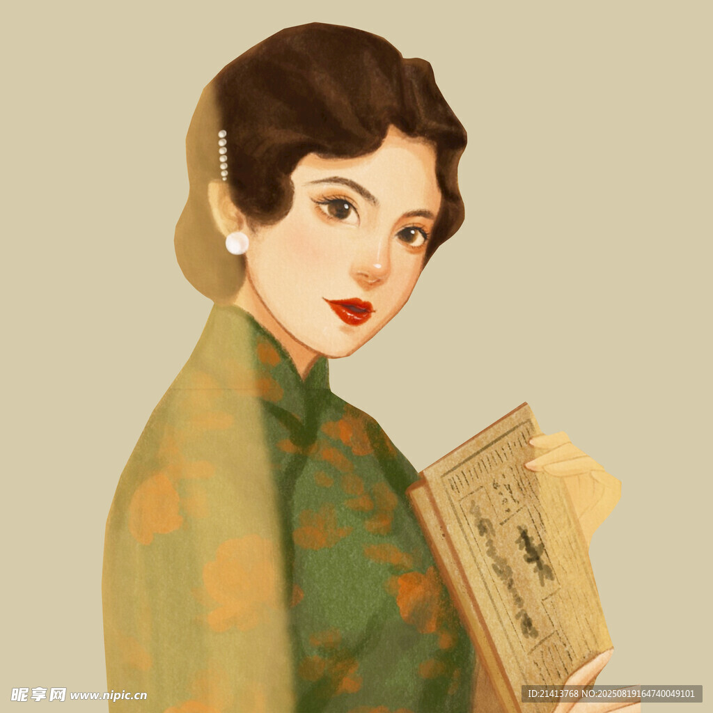 復(fù)古旗袍女子手持書卷