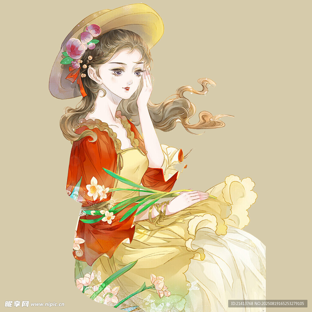 古風(fēng)美人持花靜坐賞蝶