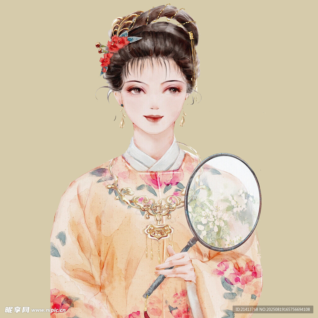 古典佳人持扇圖