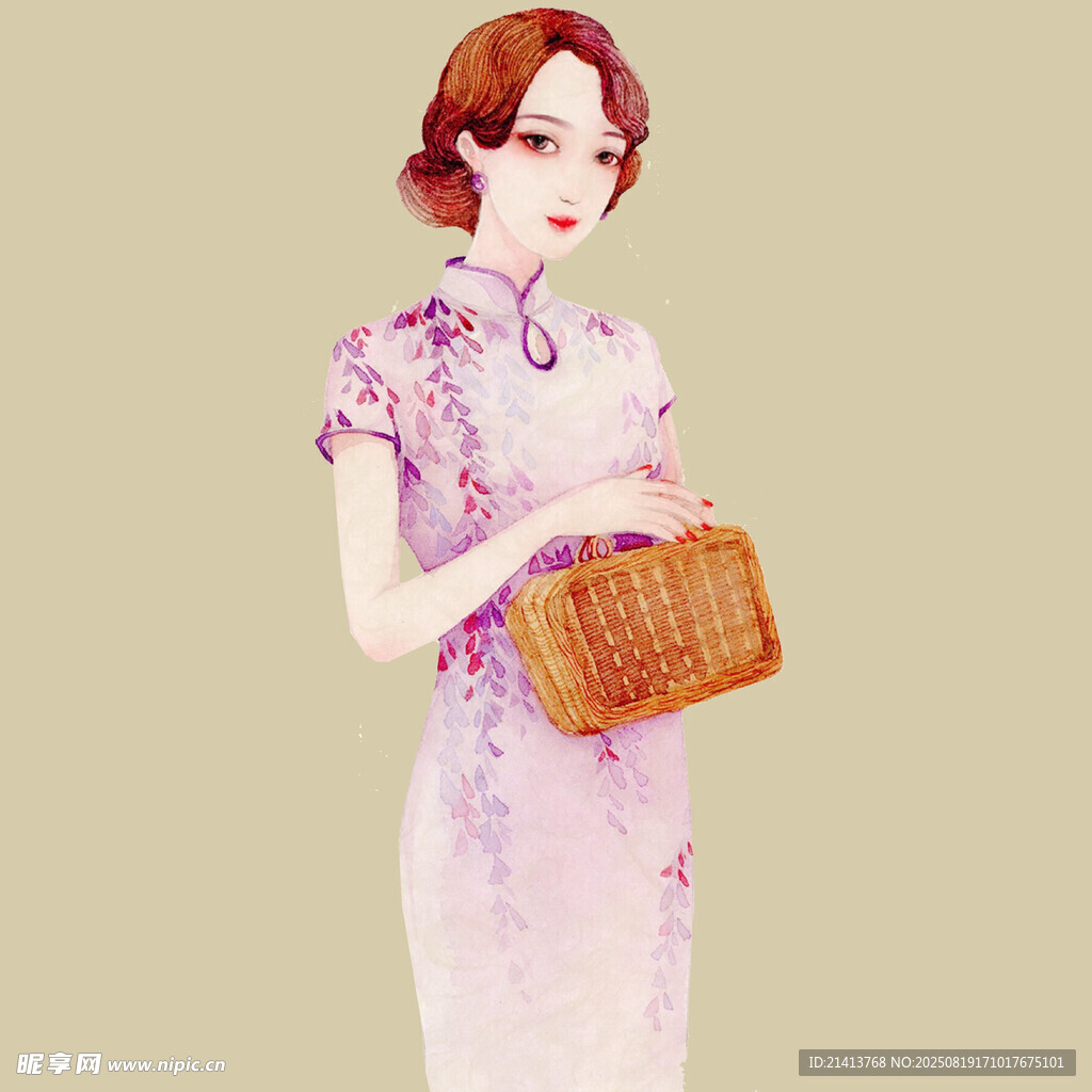 身著旗袍提籃的優(yōu)雅女子