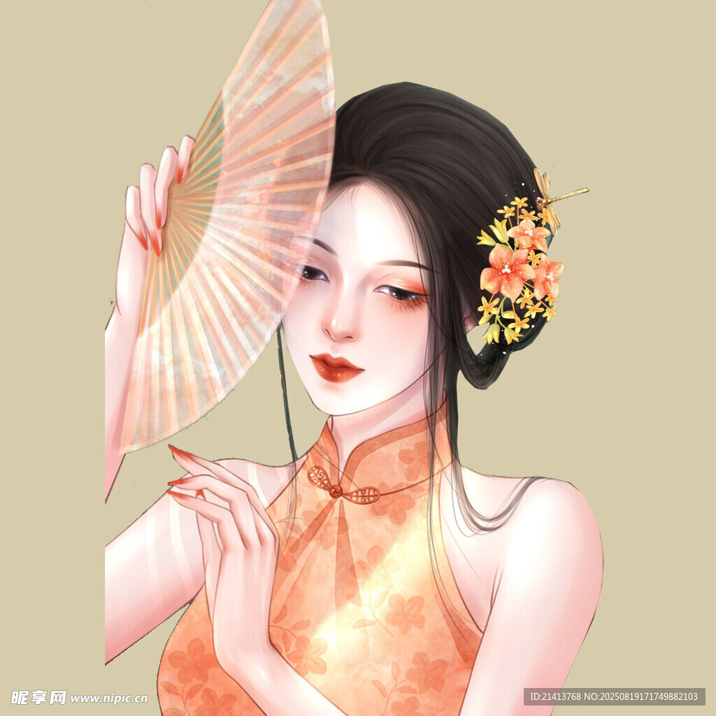 古典旗袍女子持扇優(yōu)雅圖