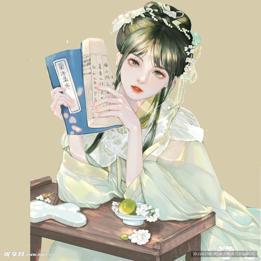 古風(fēng)女子持卷優(yōu)雅讀書