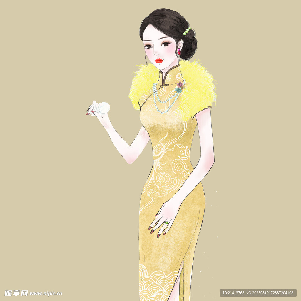 優(yōu)雅女子身著黃色毛絨旗袍