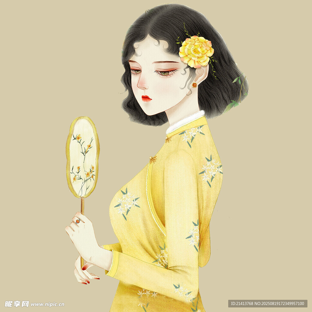 持扇黃衣古風(fēng)女子