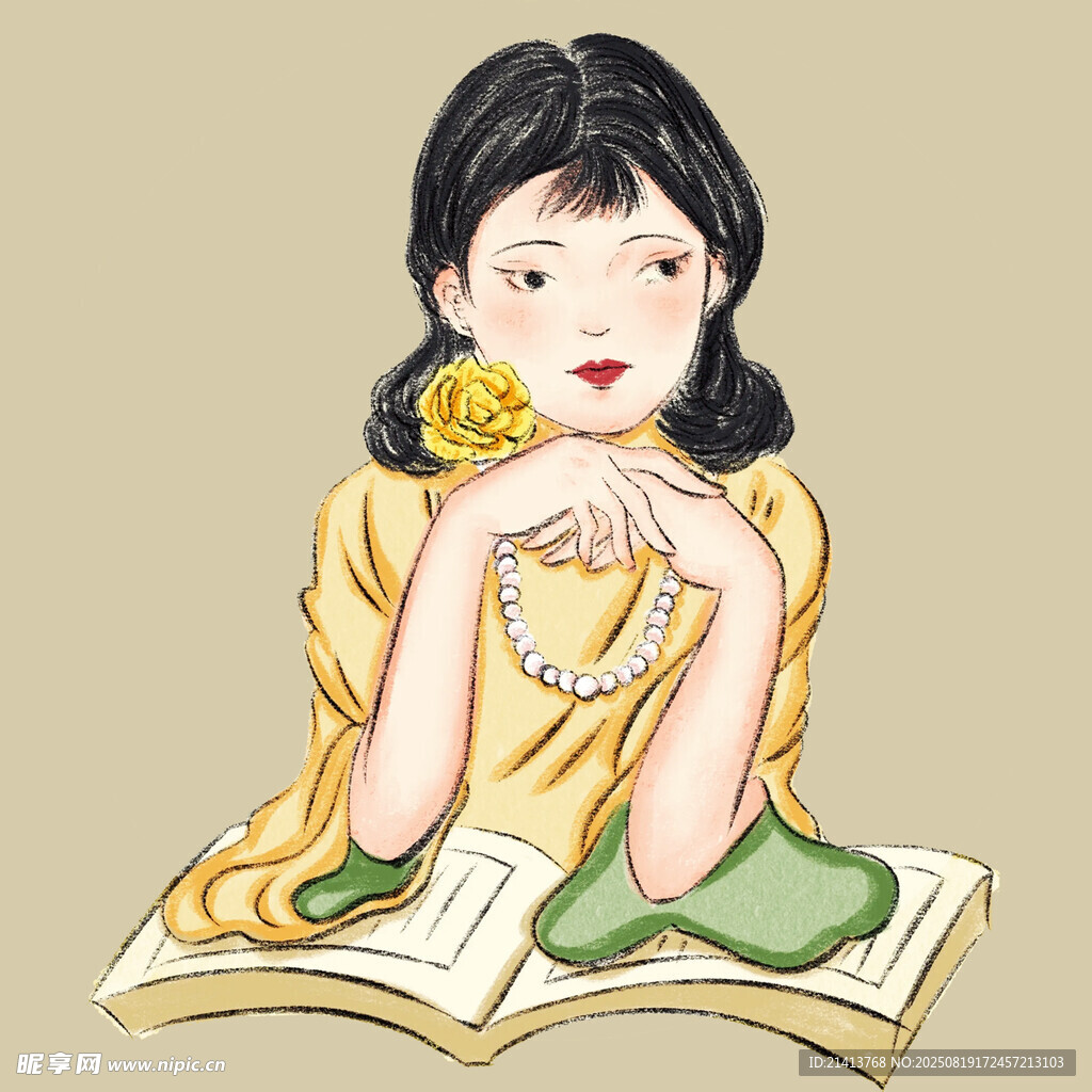 復古少女讀書賞菊圖
