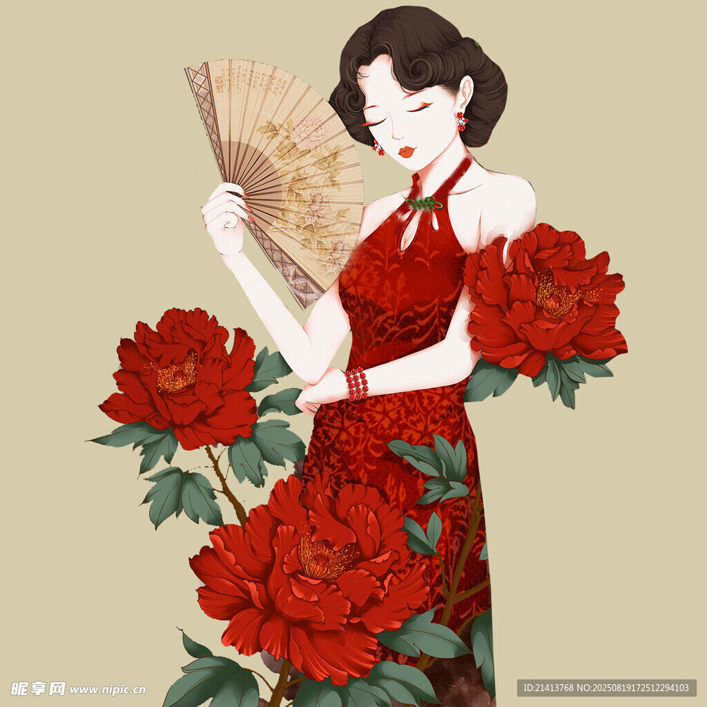 旗袍女子持扇伴牡丹